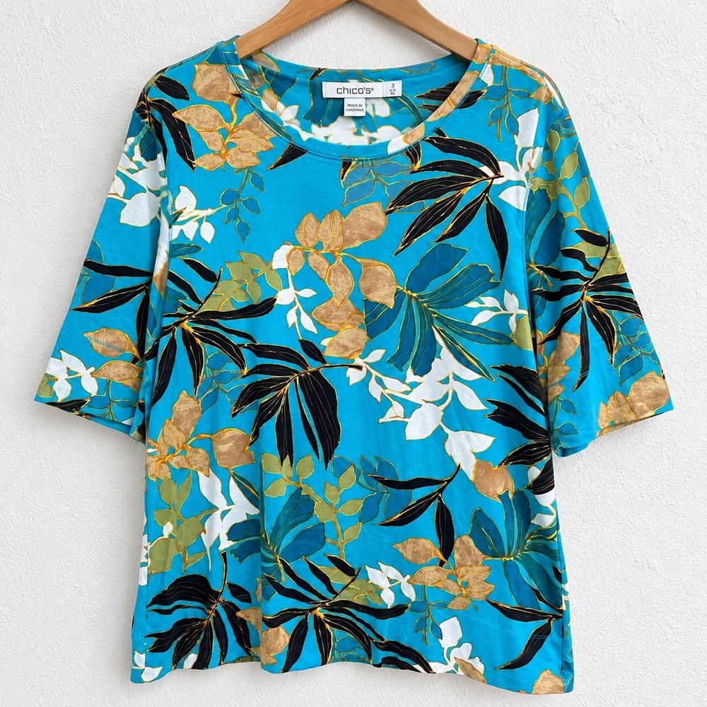 Chicos 100% Pima Cotton Tropical Leaf Print Tee Turquoise XL Size 3 Short Sleeve